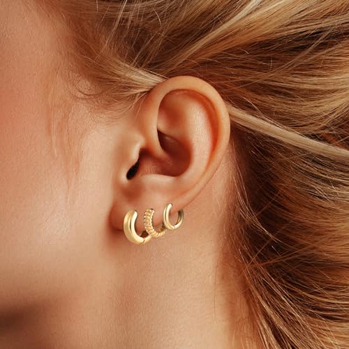 Wgoud Small Gold Hoop Earrings Set for Women, 6 Pairs 14K Gold Plated Hypoallergenic Lightweight Huggie Hoops Earrings, Trendy Cartilage Cubic Zirconia Earrings for Women Gifts. - color: C-Gold hoops