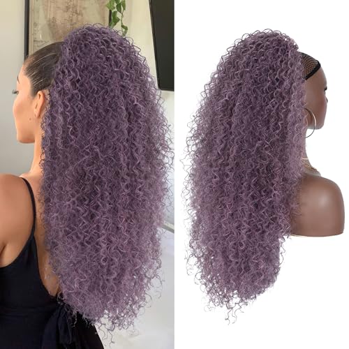 Alebery 27 Inch Drawstring Ponytail Extension for Black Women Deep Curly Ponytail Extension Synthetic Mixed with Human Hair Hairpieces Afro Kinky Curly Pony Tail for Daily Use (Pink Mixed Grey) - color: Pink Mixed Grey, size: 27 Inch