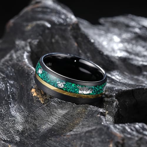 King Will Black Tungsten Rings for Men Hammer Wedding Band | Black, Grooved, Hammer Wedding Band Gold Groove, Sand Inlay, Everyday Wear - color: Green Opal & Silver Foil