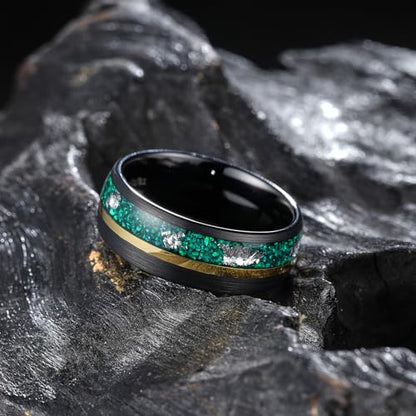 King Will Black Tungsten Rings for Men Hammer Wedding Band | Black, Grooved, Hammer Wedding Band Gold Groove, Sand Inlay, Everyday Wear - color: Green Opal & Silver Foil