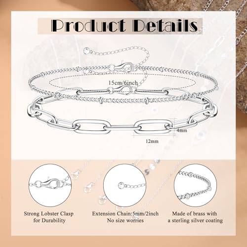 MILACOLATO 925 Sterling Silver Clasp Paperclip Chain Bracelets for Women | 14K White Gold Plated Adjustable Bracelets, Dainty Stackable Layered Satellite Beads Evil Eye Infinity Bracelets Jewelry Gift - color: Paperclip Chain + Satellite Chain