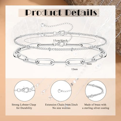 MILACOLATO 925 Sterling Silver Clasp Paperclip Chain Bracelets for Women | 14K White Gold Plated Adjustable Bracelets, Dainty Stackable Layered Satellite Beads Evil Eye Infinity Bracelets Jewelry Gift - color: Paperclip Chain + Satellite Chain