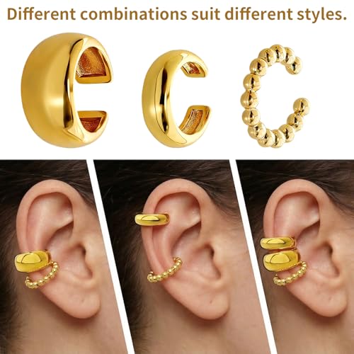 3 Pcs Ear Cuffs for Women Non Piercing Earrings Set 14K Gold/Silver Plated Ear Cuff for Non Pierced Ears Chunky Thin Clip On Earring Fake Earrings - color: Gold