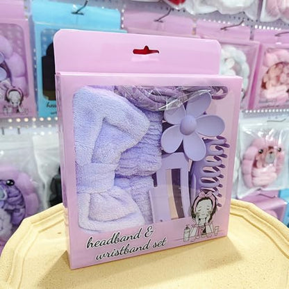 32 PCS Hairband And Accessories Set Plush Face Wash Headbands Wristbands Clips Hair Ties For Spa Bath Bridal Party Gifts, PinkPurple