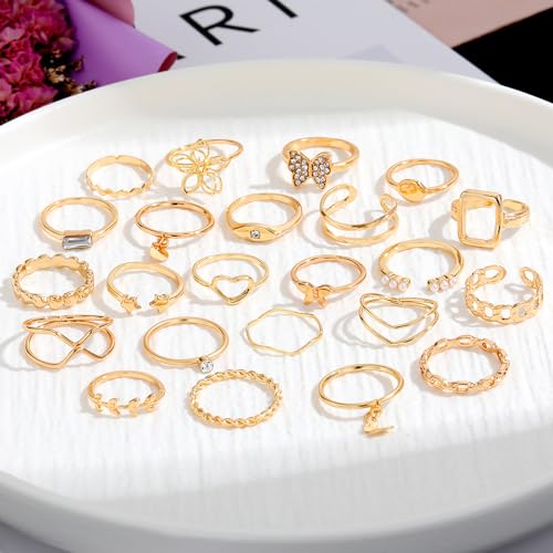 Golden Silvery Knuckle Rings Set for Women, Stackable Rings Bohemian Crystal Hollow Carved Flowers Joint Finger Rings Pack Fashion Jewelry Gifts for Birthday - color: 46 PCS