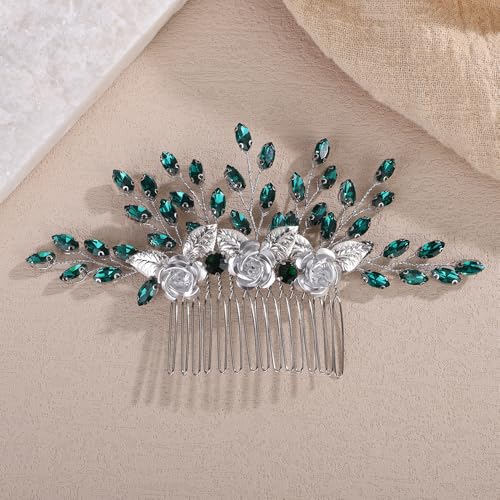 3D Silver Flower Hair Comb with Green Crystal for Wedding Brides Women Banquet Prom Hair Piece Handmade Side Headpiece (Green) - color: Green