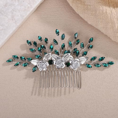 3D Silver Flower Hair Comb with Green Crystal for Wedding Brides Women Banquet Prom Hair Piece Handmade Side Headpiece (Green) - color: Green
