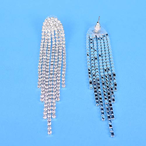 Mlouye 3.3"L Rhinestone Earrings Dangling Long Fringe Crystals Chandelier Dangle Drop Earrings for Women - color: 1-Pierced-Silver Clear