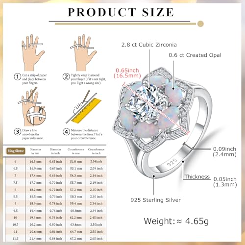 Flower Cocktail Ring for Women Stone Engagement Anniversary Rings | Sterling Silve|Hypoallergenic|Ruby|Sapphire|Emerald|Wedding and Birthday Party Women Statement Ring|Mother and Grandma Gift - color: Opal (Oct.)