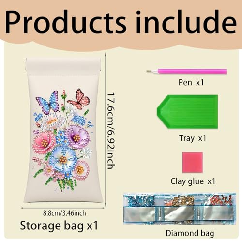 Diamond Art Painting Eye Glass Bag PU Sunglasses Glasses Storage Bag Built-in Glasses Cloth Press Automatic Closure - color: Flowers02