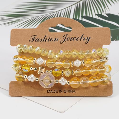 Boho Beaded Bracelet Set for Women - 4 Pcs Multilayer Stackable Crystal Glass Bead Bracelets with Faux Pearl Elastic Stretch Fashion Jewelry for Daily Wear, Beach, Party & Gifts - color: Yellow
