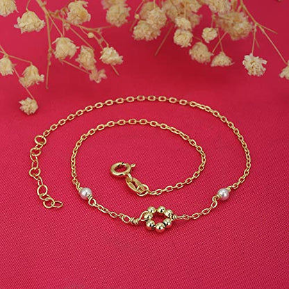 Vanbelle 18K Gold Plated Jewelry - Beaded Round Charm Anklet with White Faux Pearl - Stylish Designer Foot Jewelry - Unique Elegant Beautifully Designed Anklet for Women - 9" long + 1" extender