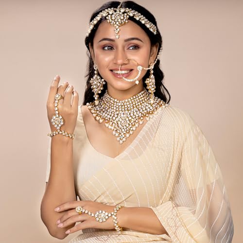 Aheli Bollywood Style Indian Bridal Choker Necklace Matha Patti Nose Ring Haath Phool Wedding Fashion Bharatanatyam jewellery set for Women - color: White