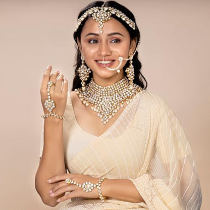 Aheli Bollywood Style Indian Bridal Choker Necklace Matha Patti Nose Ring Haath Phool Wedding Fashion Bharatanatyam jewellery set for Women - color: White