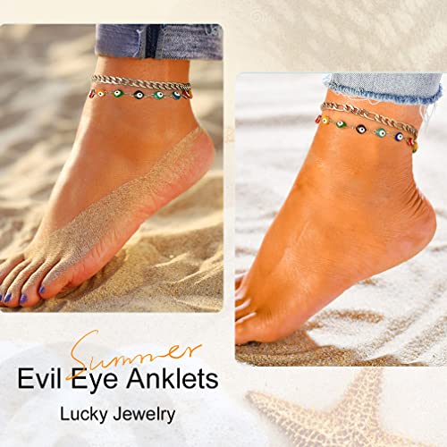 Supcare Evil Eye Anklets for Women,Cuban/Figaro/Mariner/Snake Chain Layered Ankle Bracelet Gifts (with Gift Packing) - color: 02-layered curb steel