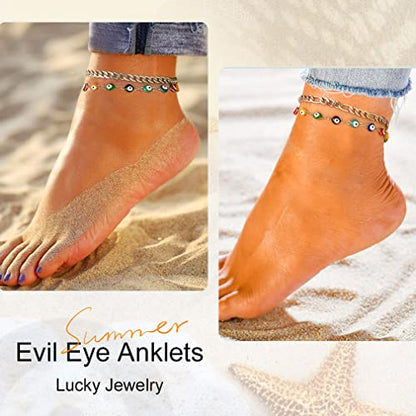 Supcare Evil Eye Anklets for Women,Cuban/Figaro/Mariner/Snake Chain Layered Ankle Bracelet Gifts (with Gift Packing) - color: 02-layered curb steel