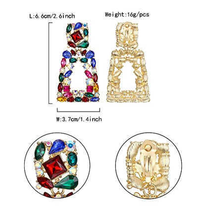 Flyonce Rectangle Clip-on Drop Earrings for Women, Sparkly Rhinestone Crystal Geometric Statement Non Pierced Earring Wedding Prom Party Jewelry for Brides Bridesmaid - color: Colorful