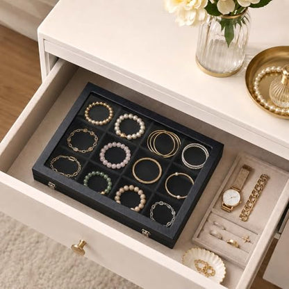 Black 12 Grid Jewelry Organizer Display Box with Transparent lid Bracelets Display Case Bracelet Box with Clasp Bangle Organizer Drawer Insert Bangle Brooch,Gift for Women Girls(12 Grid) - color: 12 Grid