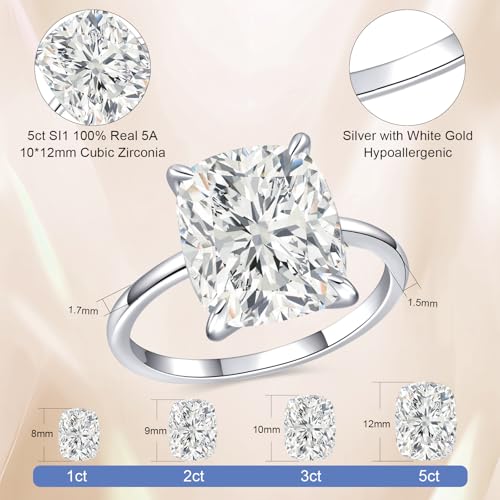 AVECON 3CT/5CT Elongated Cushion Cut Engagement Ring for Women, Promise Wedding Cubic Zirconia 14K Gold/White Gold Plated Band Size 5-9 - color: Silver-5CT