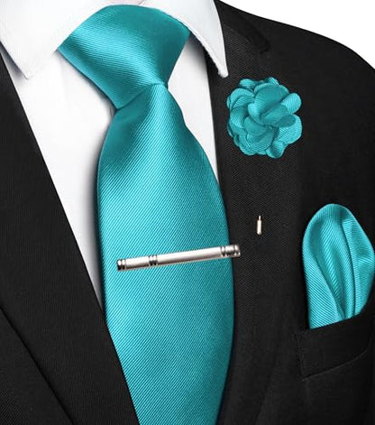 JEMYGINS Formal Necktie Solid Color Tie and Pocket Square with Tie Clip Lapel Pin Sets for Men 4PCS - color: Turquoise