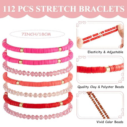 gisgfim 112 Pcs Beaded Friendship Bracelets Bulk Surfer Heishi Clay Stretch Y2K Bracelets Colorful Cute Boho Stackable BFF Bestie Inspirational Jewelry for Women Summer Beach Party Favors Style - style: Friendship