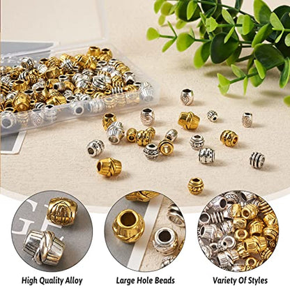 Craftdady 160Pcs Tibetan Alloy Barrel Spacer Beads 16 Styles Large Hole Retreo Metal Barrel Tube European Beads for Jewelry Crafts Making, Hole: 2-5mm - color: 2 Colors, Barrel, 160pcs