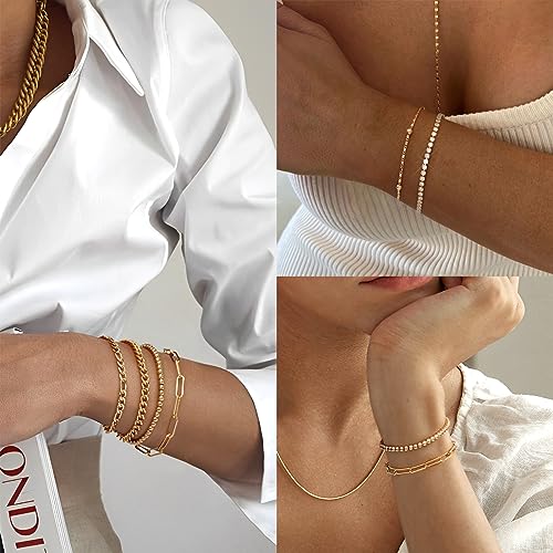 Gold Bracelets for Women, 14K Gold Plated Stackable Bracelet Stack Set Adjustable Charm Paperclip Chain Cuban Link Layered Waterproof Jewelry Sets Gifts for Womens 6.5 Inch - color: Gold 6.5 IN General Wrist