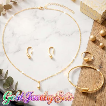 Gold Jewelry Sets Dainty Statement Necklace Earrings Bracelet Ring Set Formal Costume Jewelry for Women
