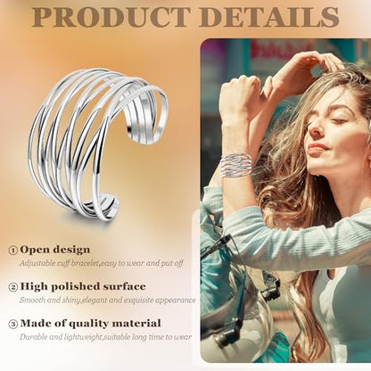 3Pcs Chunky Gold Cuff Bracelets Open Wide Bangle Bracelets Set for Women Minimalist Irregular Bracelet Statement Wrist Cuff Wrap Bracelet Jewelry - style: styleA silver