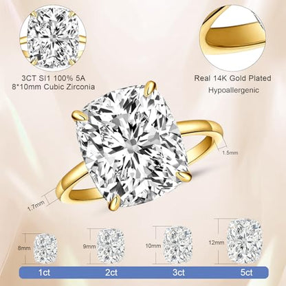 AVECON 3CT/5CT Elongated Cushion Cut Engagement Ring for Women, Promise Wedding Cubic Zirconia 14K Gold/White Gold Plated Band Size 5-9 - color: Gold-3CT