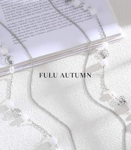 FULU AUTUMN Long Layered Silver Necklaces for Women - Natural Stone and Dainty Flower Beaded Sweater Chain Fashion Jewelry Gifts - color: White