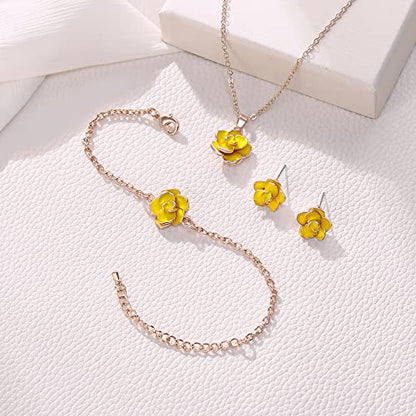 EleQueen Rose Flower Necklace Earrings Bracelet Set for Women - color: 03_Yellow Necklace+Earrings+Bracelet