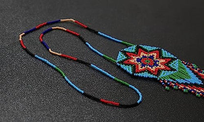 Handmade Native American Style Tribal ethnic Seed Bead Beaded Layered Medallion Necklace 4 - color: Skyblye Red & Green