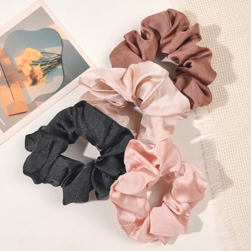 Hair Scrunchies for Women - Hair Ties No Damage Both for Thick Hair or Thin Hair Curl Hair No Crease Scrunchies Ponytail Holder No Hurt Your Hair - color: Black Brown Pink Light Pink