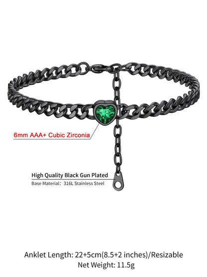 ChainsHouse Cuban Chain Anklets for Women with Heart Birthstone Jan - Dec | Stainless Steel Black Link Chain Ankle Bracelet with Birthstone, Beach Women Anklet 22cm-27cm Adjustable, with Gift Box - color: 05. May-Emerald-Black