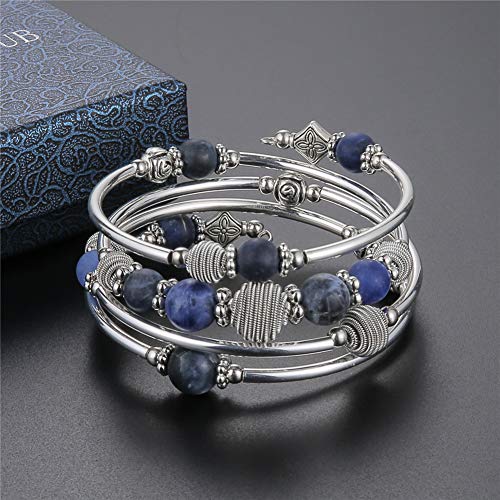 PEARL&CLUB Beaded Chakra Bangle Turquoise Bracelet - Fashion Jewelry Wrap Bracelet with Thick Silver Metal and Mala Beads, Birthday Gifts For Women - color: Navy Blue