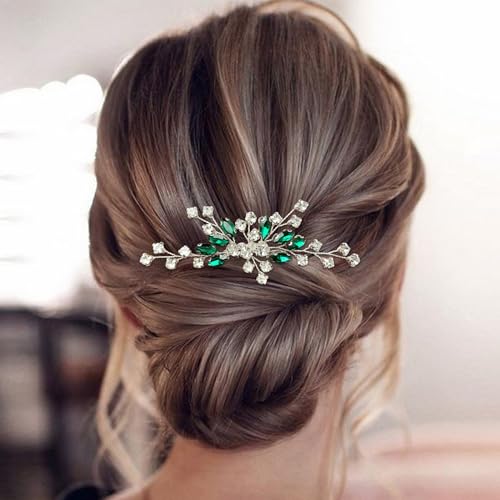 Green Bridal Hair Comb Small Wedding White Emerald Crystal Silver Vine Hair Piece Accessories for Women Girls
