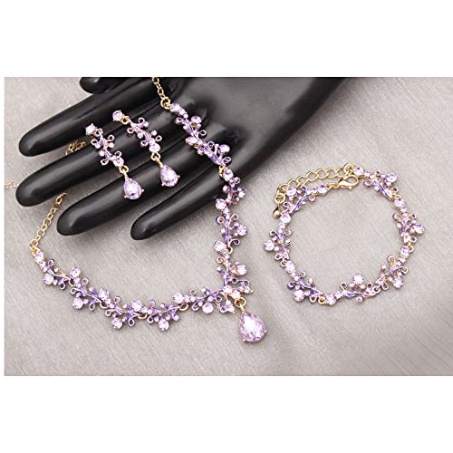 3Pcs Austrian Crystal Jewelry Set for Women, Necklace Dangle Earrings Link Bracelet Jewelry Set with Gold/Platinum/Gun Plated, Wedding Party Jewelry for Bridal Bridesmaid - color: Violet-Gold Plated