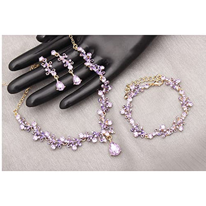 3Pcs Austrian Crystal Jewelry Set for Women, Necklace Dangle Earrings Link Bracelet Jewelry Set with Gold/Platinum/Gun Plated, Wedding Party Jewelry for Bridal Bridesmaid - color: Violet-Gold Plated
