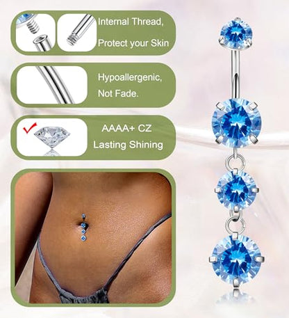 G23 Titanium Dangle Belly Button Rings for Women Dangling Navel Rings CZ Belly Rings Curved Barbell Internally Threaded Belly Piercing Jewelry - color: Blue