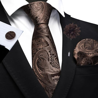 GUSLESON Paisley Tie Set for Men 3.15" Necktie Lapel Pin Hankerchief Cufflinks Set for Men - color: Dark Brown