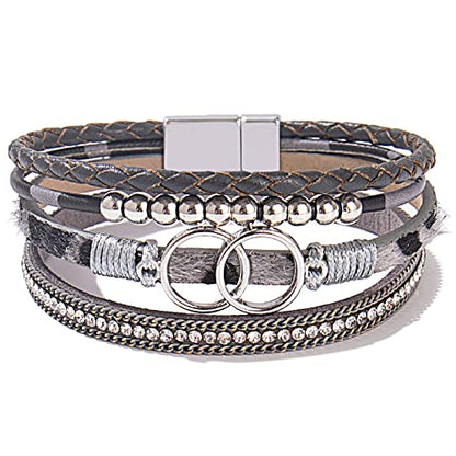 Chunky Boho Leather Wrap Bracelets Cowgirl Beaded Circle Western Jewelry | Stackable Infinity Layered Bohemian Magnetic Clasp Cuff Statement Fashion Colorful Country Hippie Outfits for Women Trendy - color: Grey Leopard