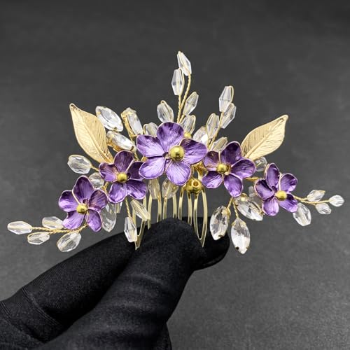 Purple Flower Hair Comb for Bride Crystal Gold Metal Leaf Floral Hair Pieces Accessories for Wedding Prom