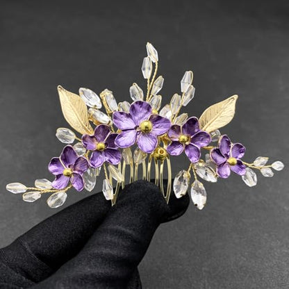 Purple Flower Hair Comb for Bride Crystal Gold Metal Leaf Floral Hair Pieces Accessories for Wedding Prom