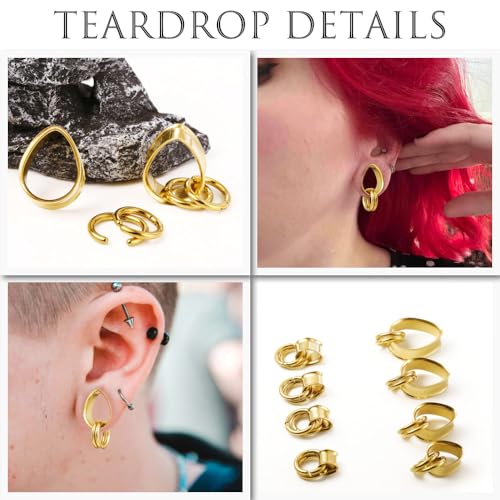 2 Pairs Stainless Steel Ear Plugs Tunnels Set with 2 Stacked Rings, Round & Teardrop Gauges for Ears, Hypoallergenic Surgical Steel Ear Stretcher Expander Body Jewelry - color: Gold, size: 22mm(7/8 inch)