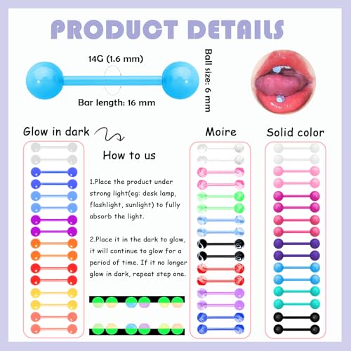 48Pcs 14G Flexible Acrylic Tongue Ring Straight Tongue Barbell | Glow in Dark Plastic Candy Color Tongue Piercing Jewelry for Women Men 16mm Bar