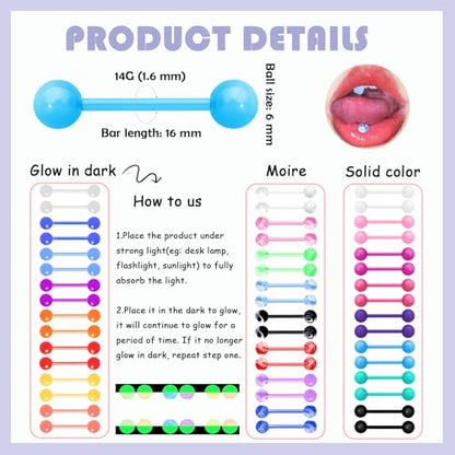 48Pcs 14G Flexible Acrylic Tongue Ring Straight Tongue Barbell | Glow in Dark Plastic Candy Color Tongue Piercing Jewelry for Women Men 16mm Bar
