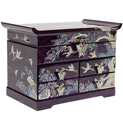 February Mountain Mother of Pearl Handcrafted Mother-of-Pearl Jewelry Box with Traditional Korean Design Mother's day Graduation Birthday Gifts for Women - style: Crane_Purple