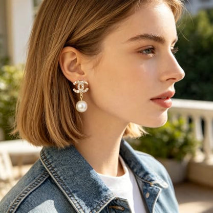 Drop Earrings, Gold-Tone Dangle Earrings with Sparkling Crystal & Imitation Pearl Embellishments, Elegant Metal Drop Ear Jewelry for Women, Classic Stylish Accessory for Daily Wear, Party, Wedding & Gift