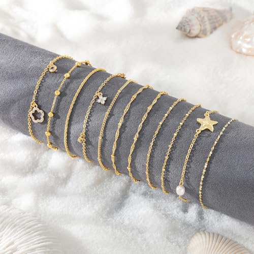 Gold Anklet Set for Women, Layered Beach Anklets | Layered gold-tone ankle bracelets, designed for beach days, vacations, and summer wear - style: Gold Anklet 2